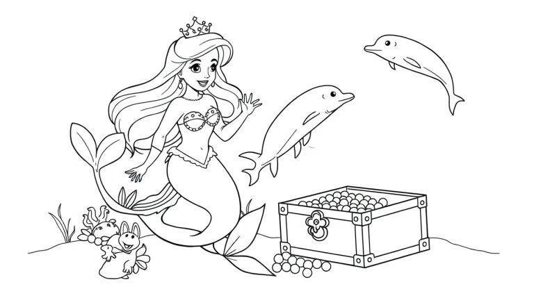Zeemeermin prinses kleurplaat met dolfijnen en schatkist.