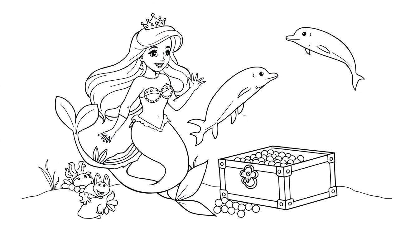 Zeemeermin prinses kleurplaat met dolfijnen en schatkist.