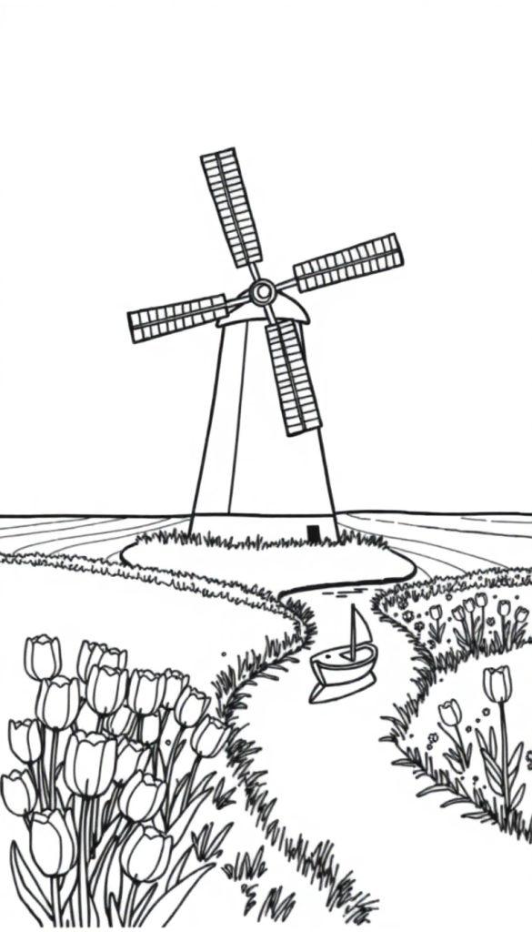 Hollands landschap kleurplaat met windmolen, gracht en tulpen