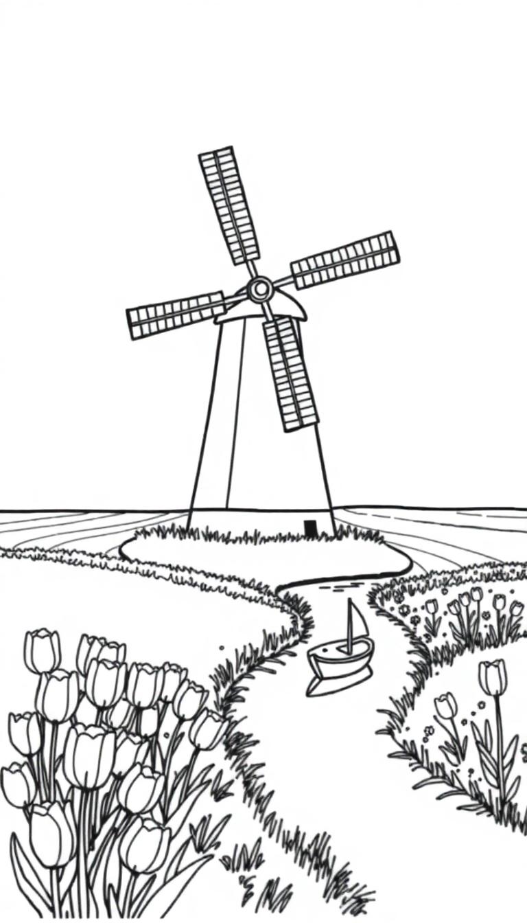 Hollands landschap kleurplaat met windmolen, gracht en tulpen