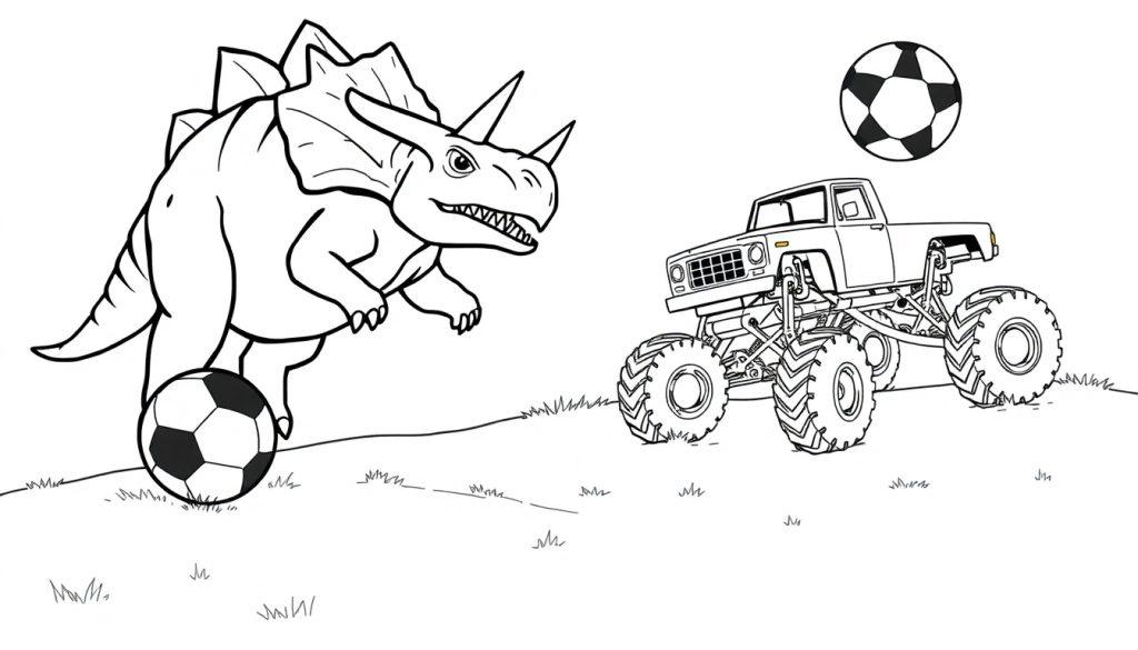 Voetballende dinosaurus kleurplaat met monstertruck