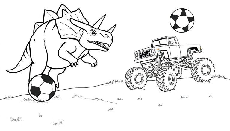 Voetballende dinosaurus kleurplaat met monstertruck