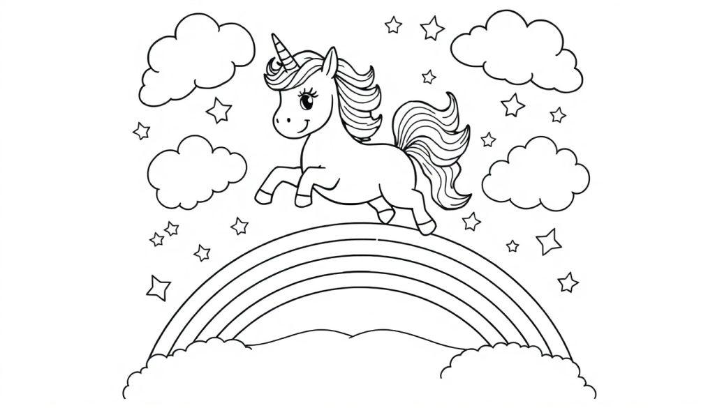Eenhoorn kleurplaat rent over een regenboog