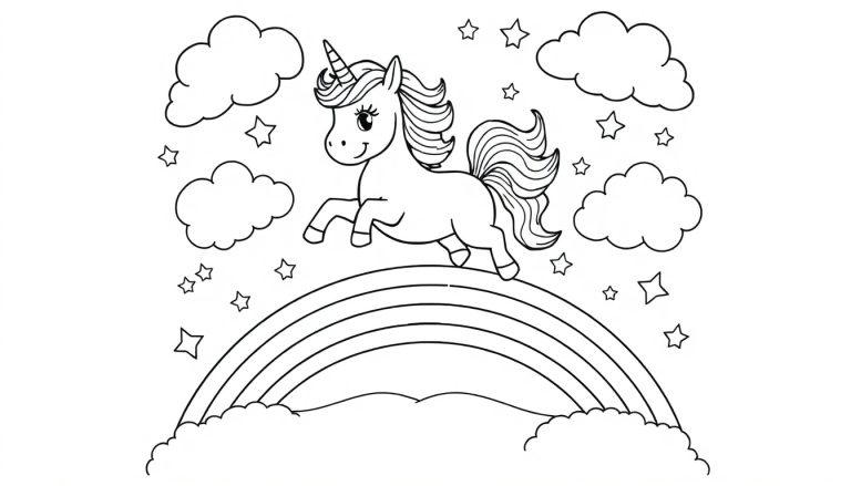 Eenhoorn kleurplaat rent over een regenboog