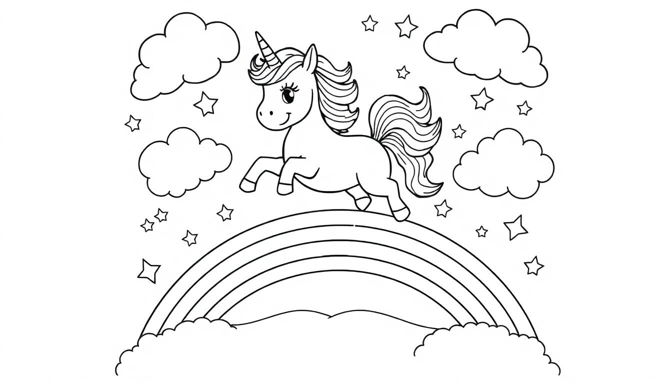 Eenhoorn kleurplaat rent over een regenboog