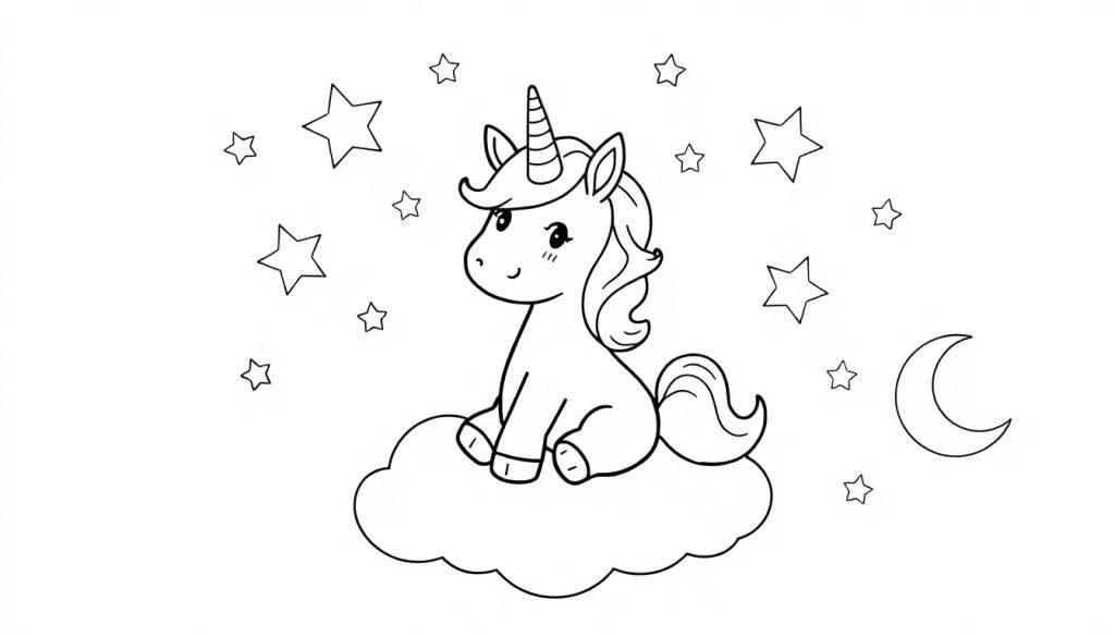 Eenhoorn kleurplaat op een wolk met sterren.