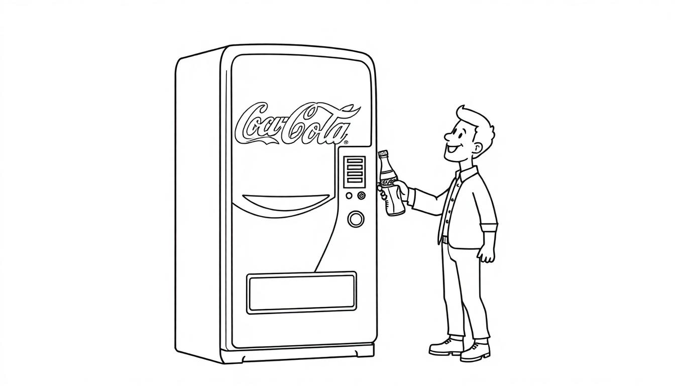 Coca-Cola automaat kleurplaat met man in pak.