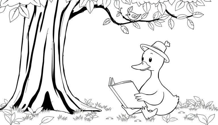 Kleurplaat van een eend die leest onder een boom.