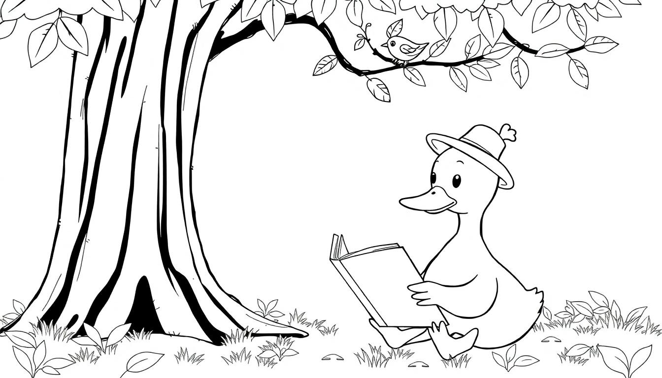 Kleurplaat van een eend die leest onder een boom.