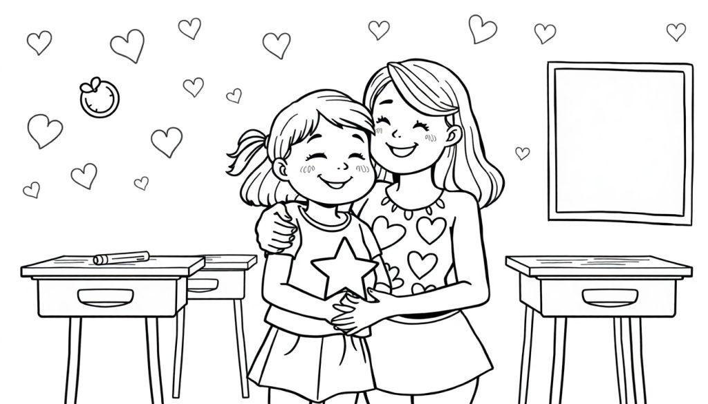 Kleurplaat van een juf die een meisje knuffelt. Er staan hartjes op het shirt van de juf en een ster op dat van het meisje.