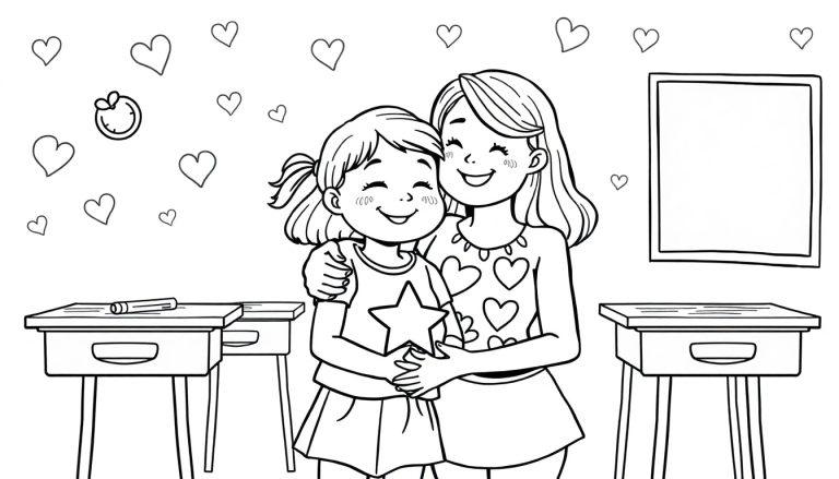 Kleurplaat van een juf die een meisje knuffelt. Er staan hartjes op het shirt van de juf en een ster op dat van het meisje.