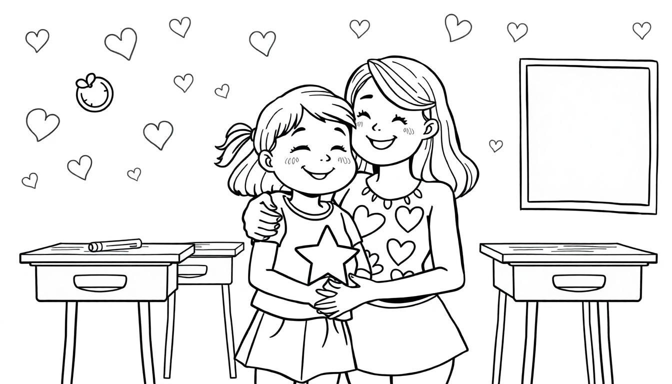 Kleurplaat van een juf die een meisje knuffelt. Er staan hartjes op het shirt van de juf en een ster op dat van het meisje.