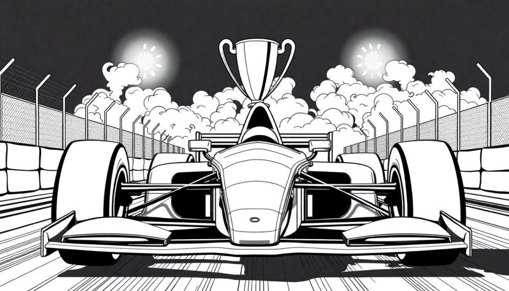 Formule 1 raceauto kleurplaat met trofee.