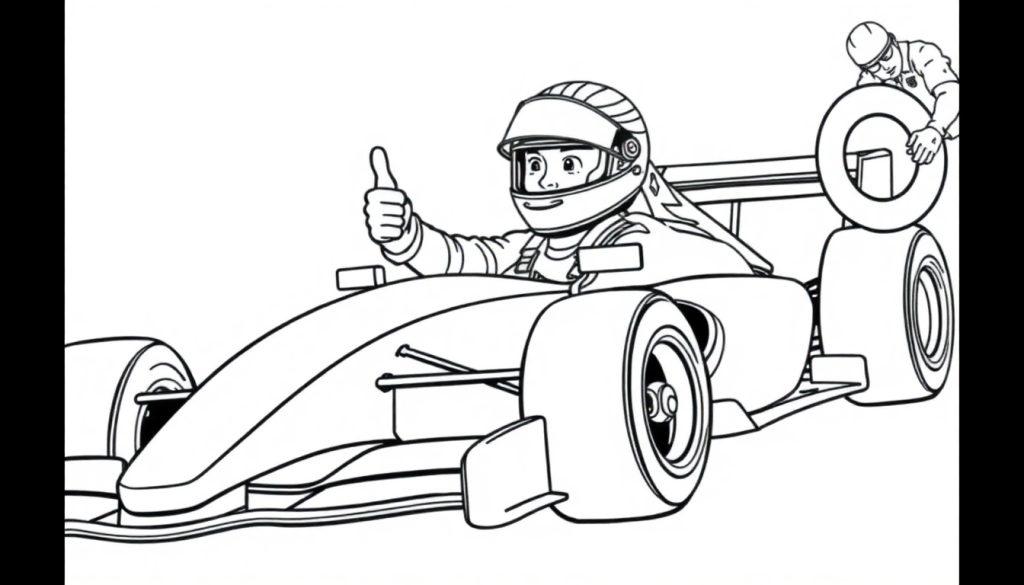 Formule 1 kleurplaat met raceauto, coureur en monteur.