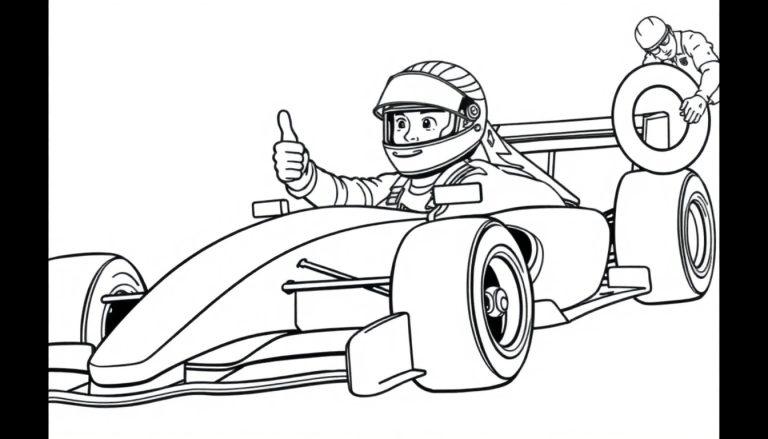 Formule 1 kleurplaat met raceauto, coureur en monteur.