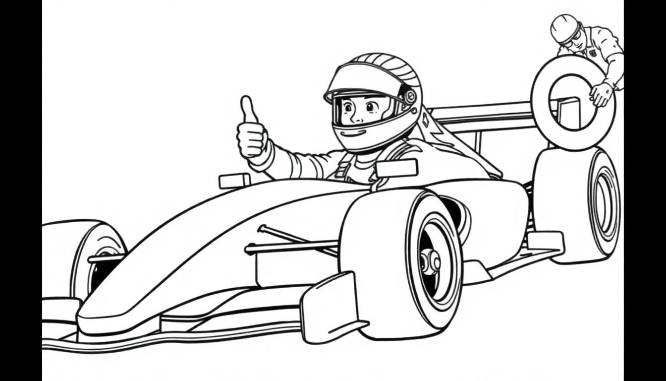 Formule 1 kleurplaat met raceauto, coureur en monteur.