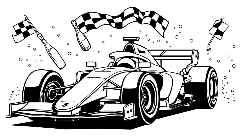 Formule 1 auto kleurplaat met racevlag en champagne