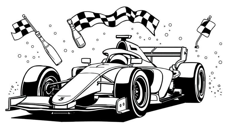 Formule 1 auto kleurplaat met racevlag en champagne