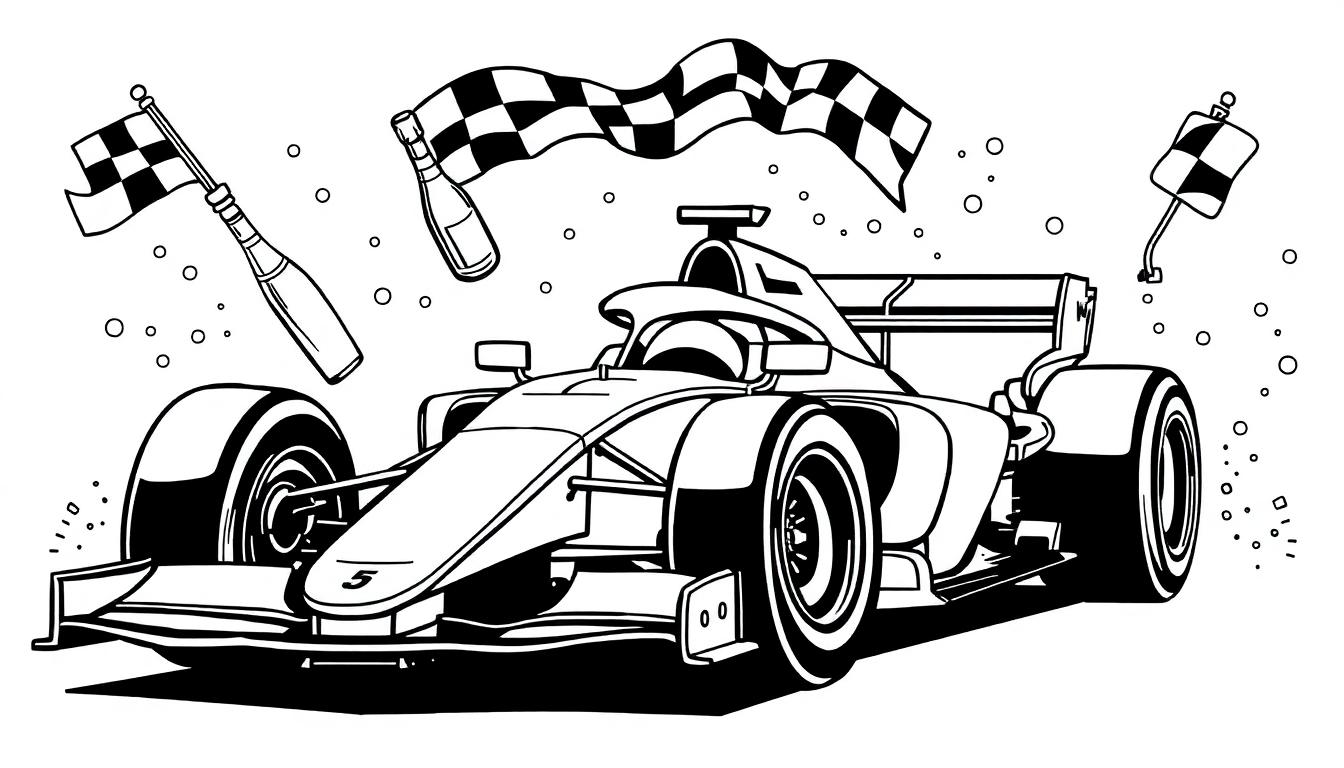Formule 1 auto kleurplaat met racevlag en champagne
