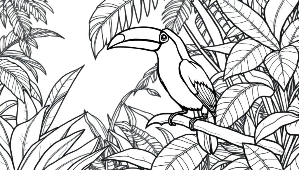 Kleurplaat van een toekan in het regenwoud.