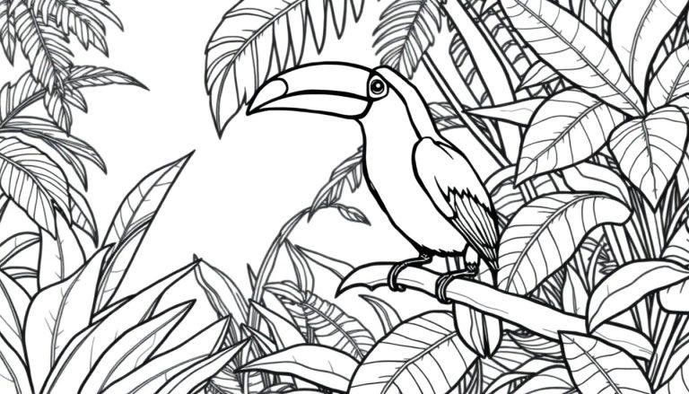 Kleurplaat van een toekan in het regenwoud.