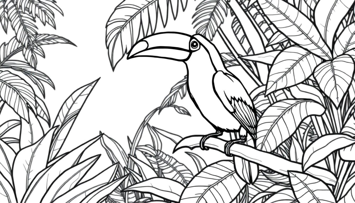 Kleurplaat van een toekan in het regenwoud.