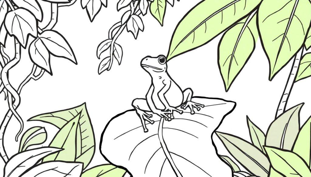 Kleurplaat van een kikker in het regenwoud.
