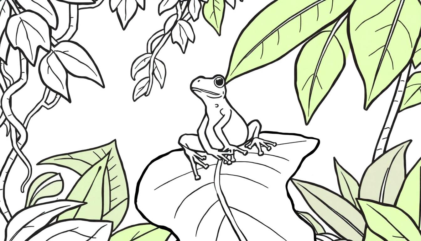 Kleurplaat van een kikker in het regenwoud.