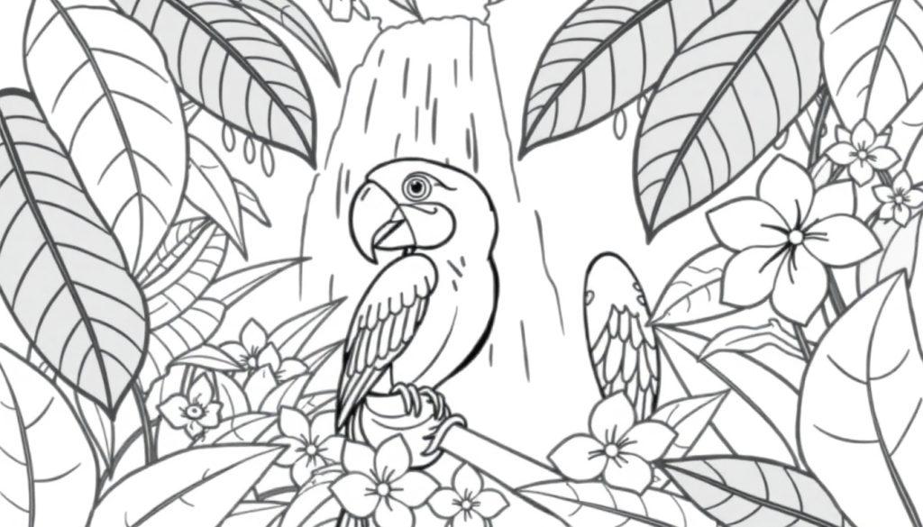 Kleurplaat van een ara in het regenwoud met waterval