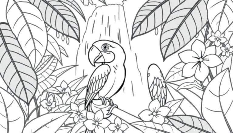 Kleurplaat van een ara in het regenwoud met waterval