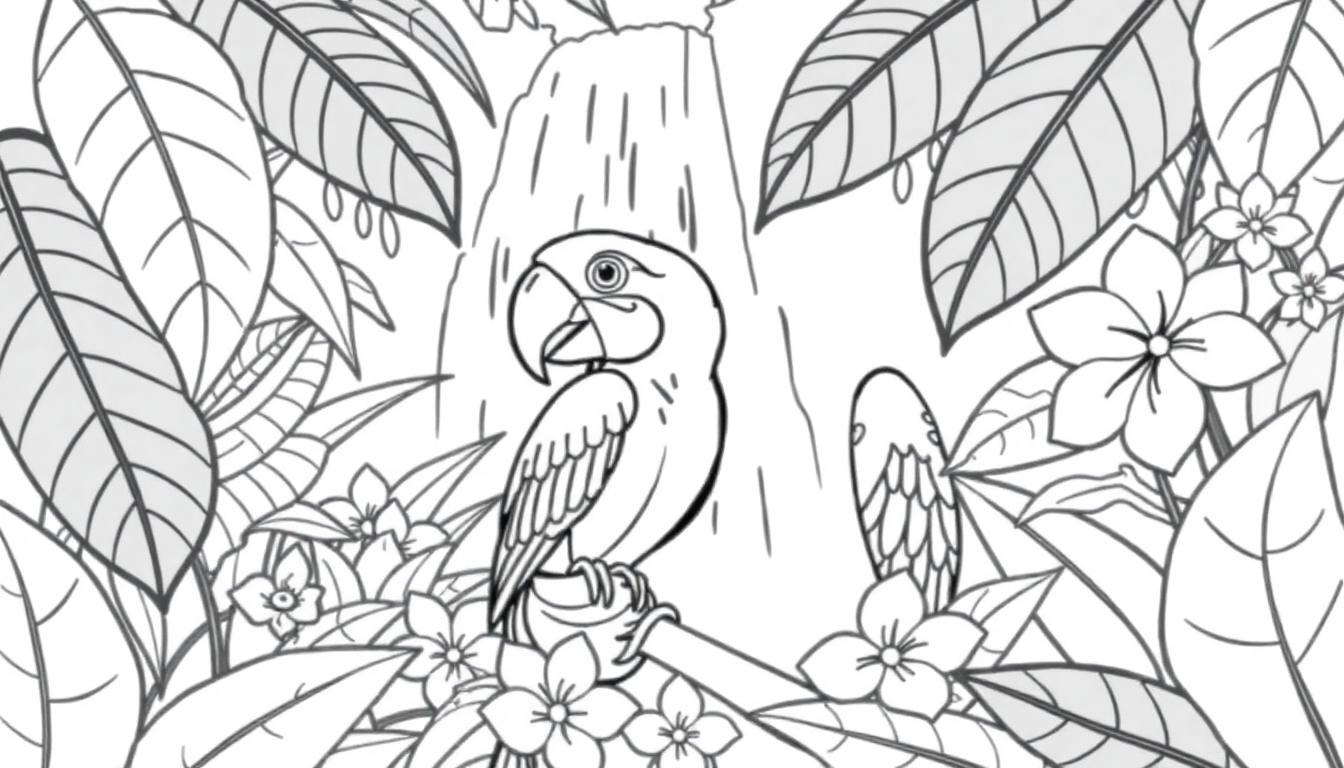 Kleurplaat van een ara in het regenwoud met waterval