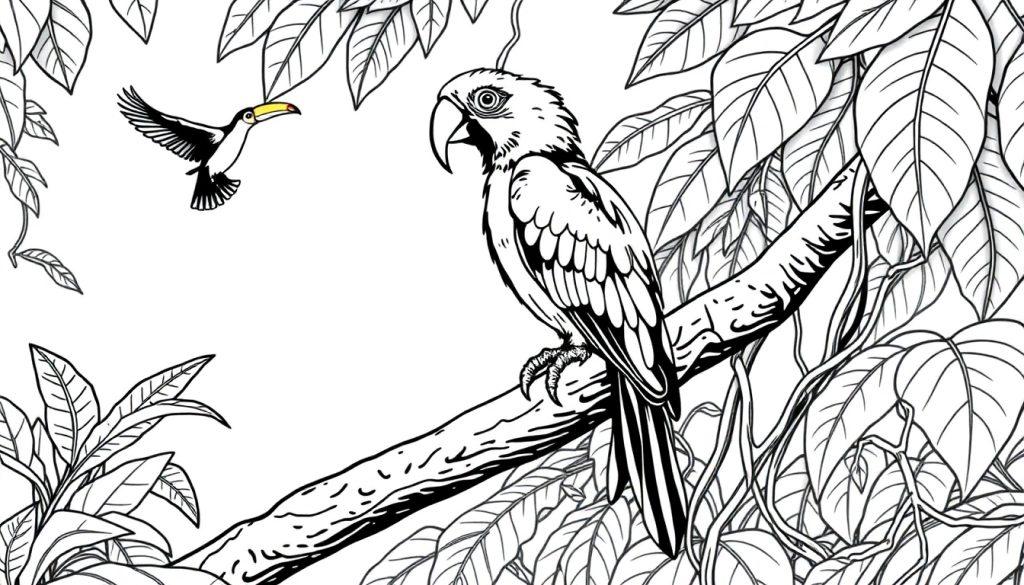 Kleurplaat van een ara in het regenwoud met een toekan en veel bladeren.