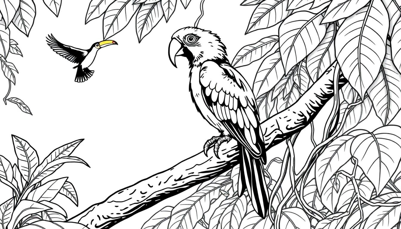 Kleurplaat van een ara in het regenwoud met een toekan en veel bladeren.