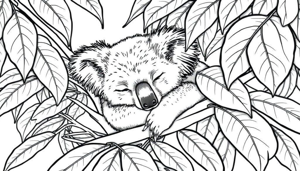 Kleurplaat van een slapende koala in een boom.