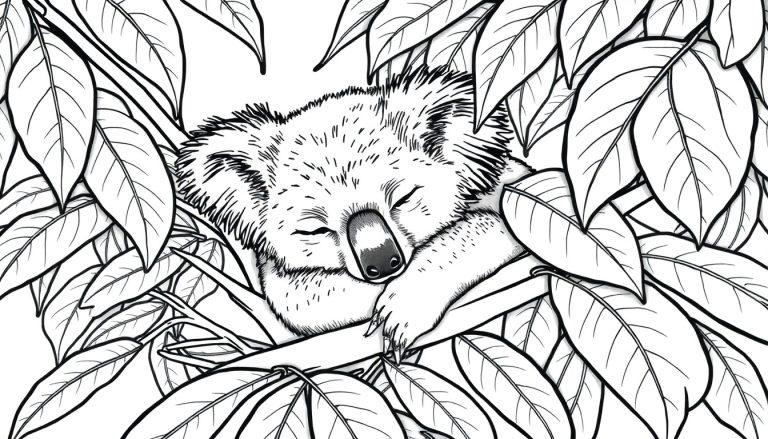 Kleurplaat van een slapende koala in een boom.
