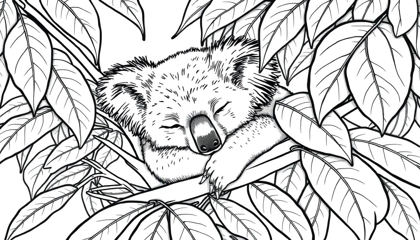 Kleurplaat van een slapende koala in een boom.