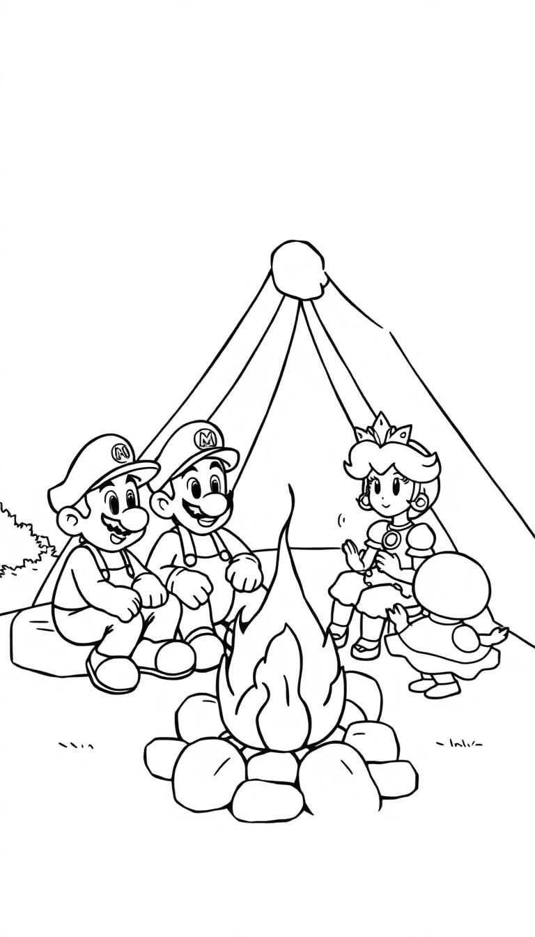 Mario en vrienden bij een kampvuur in een tent kleurplaat