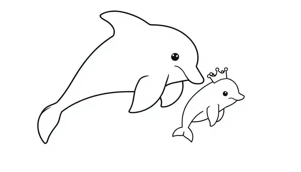 Kleurplaat van een dolfijn met een kroon en een grote dolfijn.