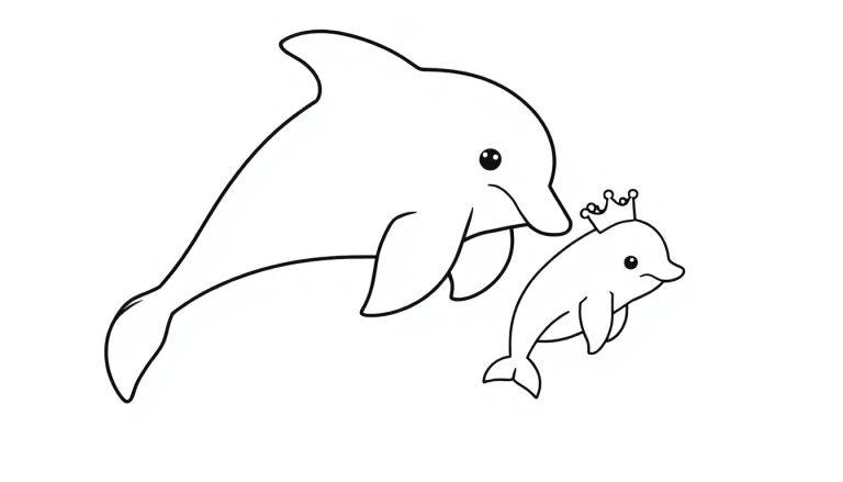 Kleurplaat van een dolfijn met een kroon en een grote dolfijn.