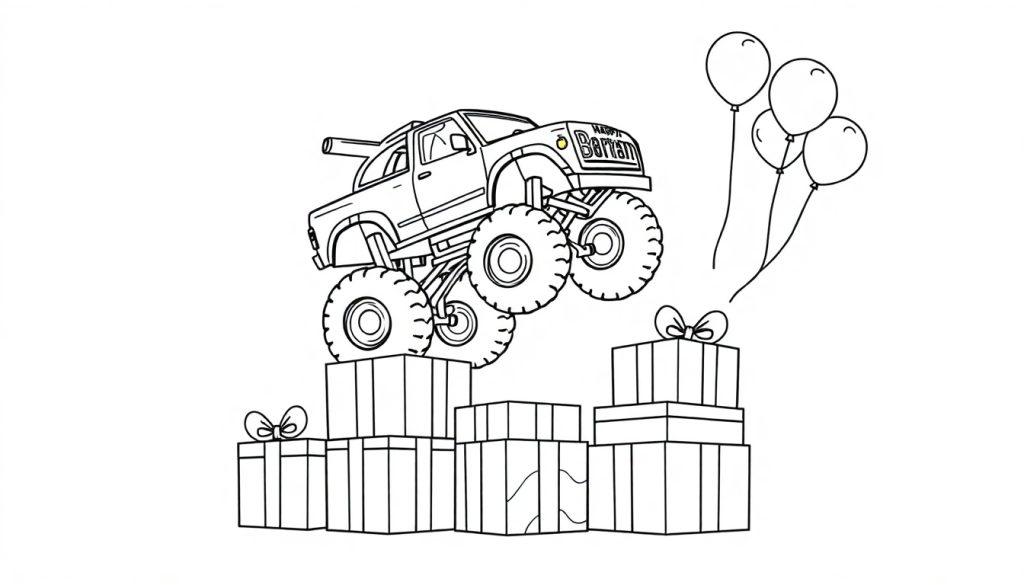 Kleurplaat van een stoere monstertruck 'Barian' die over cadeautjes rijdt, met ballonnen op de achtergrond.