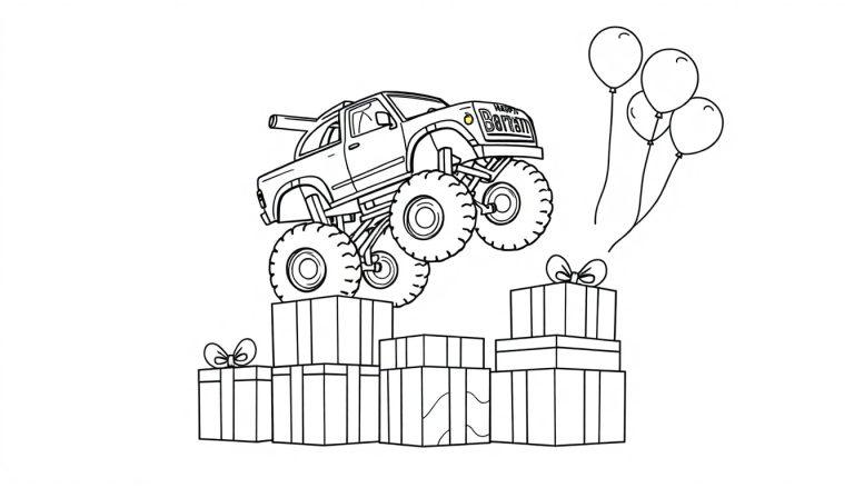 Kleurplaat van een stoere monstertruck 'Barian' die over cadeautjes rijdt, met ballonnen op de achtergrond.