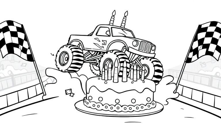 Monstertruck met verjaardagstaart kleurplaat