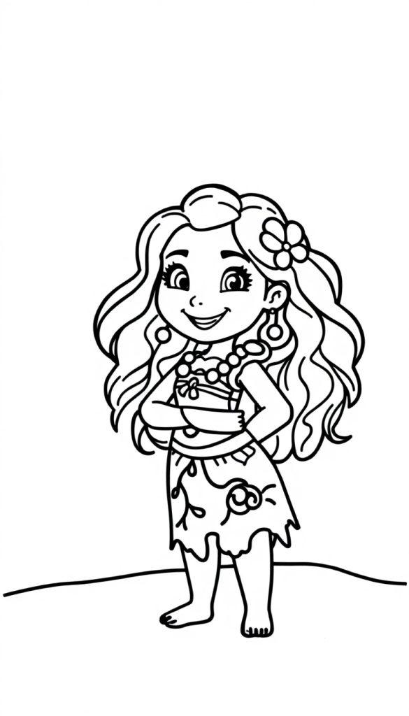 Viana kleurplaat met bloem in haar haar.