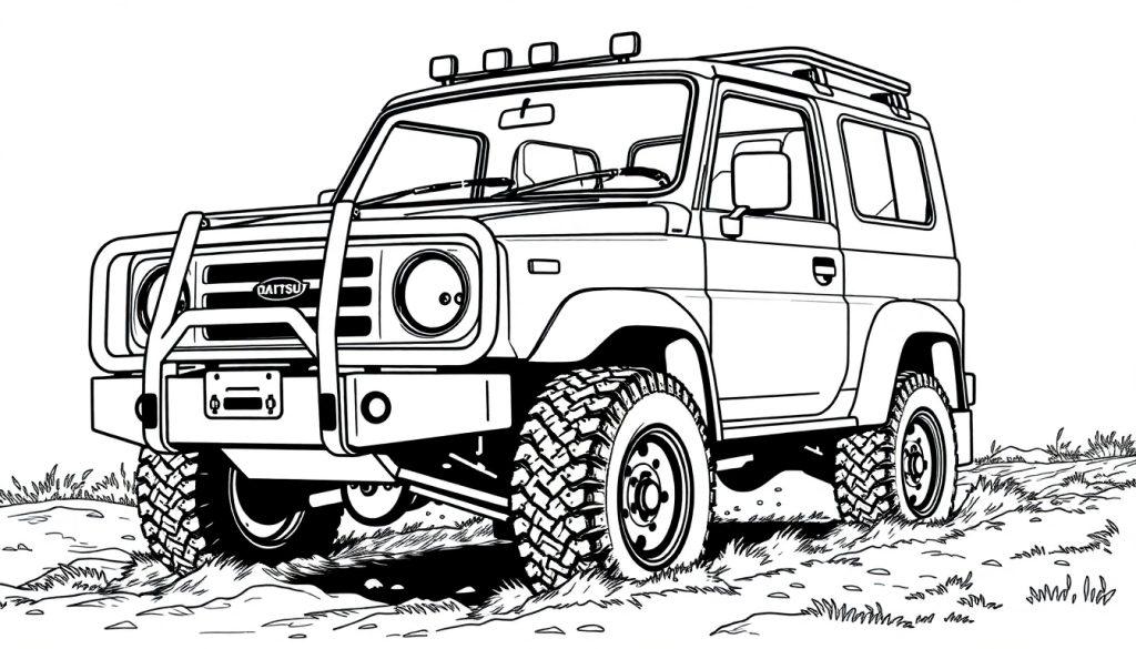Kleurplaat van een stoere Daihatsu Rocky offroader met bullbar en noppenbanden.