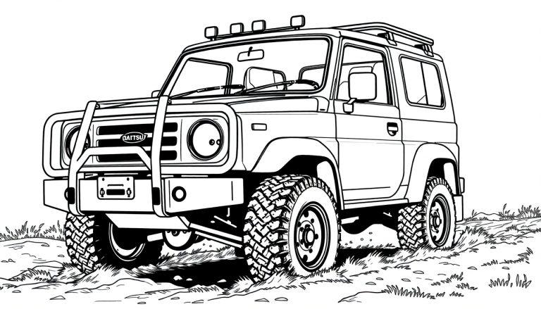 Kleurplaat van een stoere Daihatsu Rocky offroader met bullbar en noppenbanden.