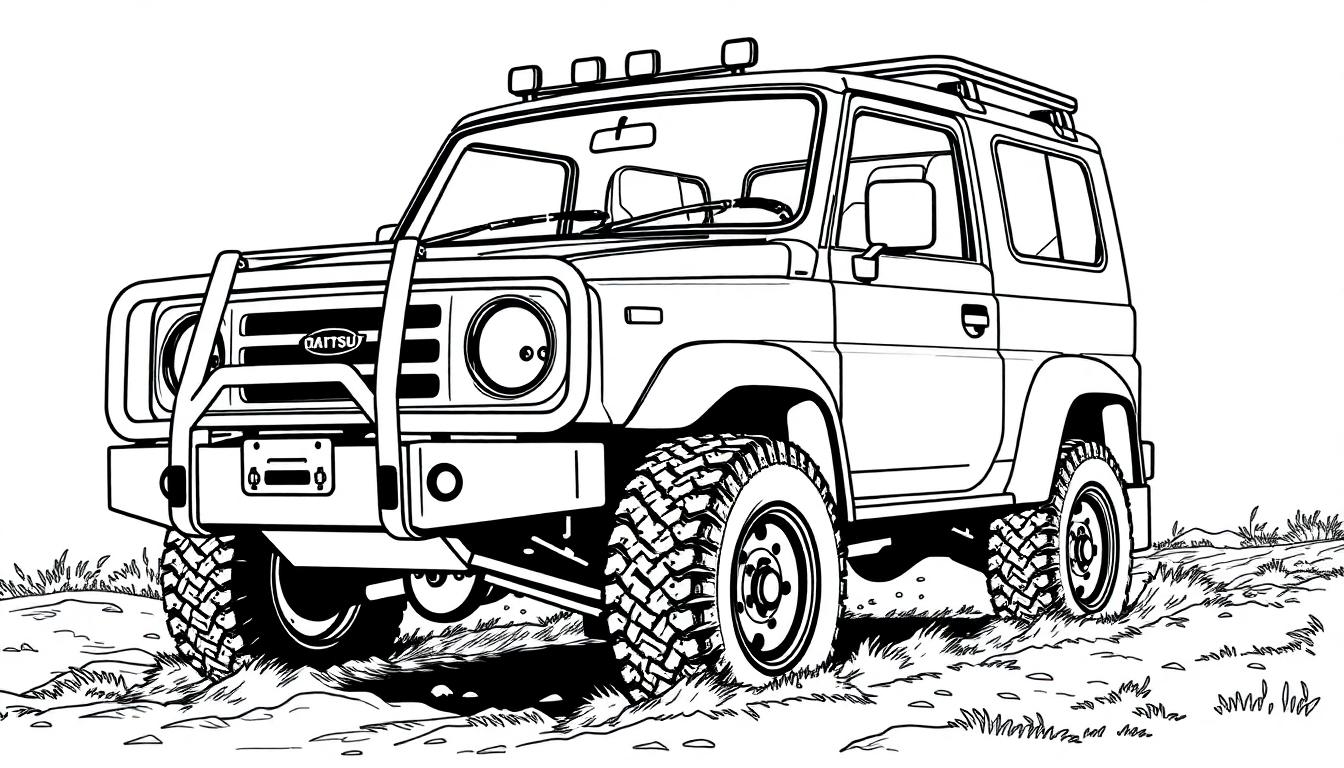 Kleurplaat van een stoere Daihatsu Rocky offroader met bullbar en noppenbanden.