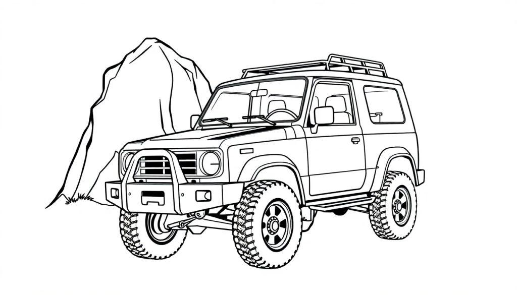 Daihatsu Rocky kleurplaat met offroad wielen en stalen bumper.