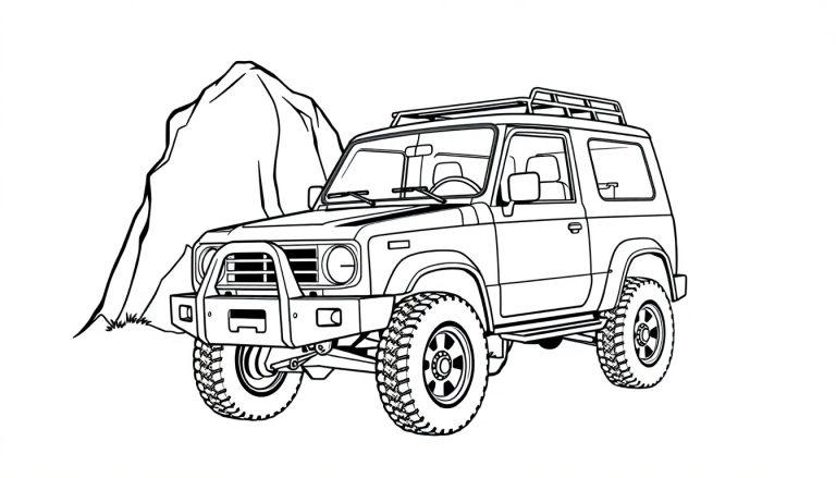 Daihatsu Rocky kleurplaat met offroad wielen en stalen bumper.