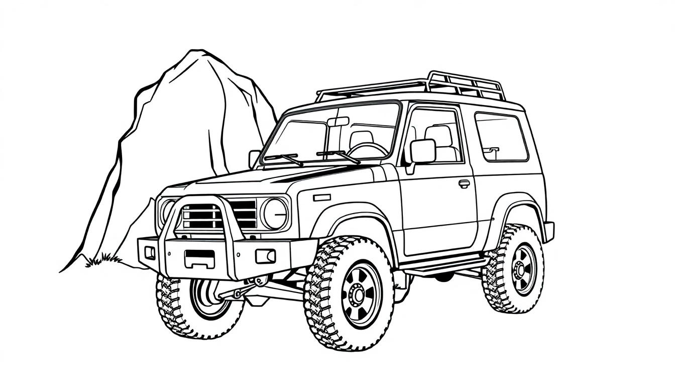 Daihatsu Rocky kleurplaat met offroad wielen en stalen bumper.