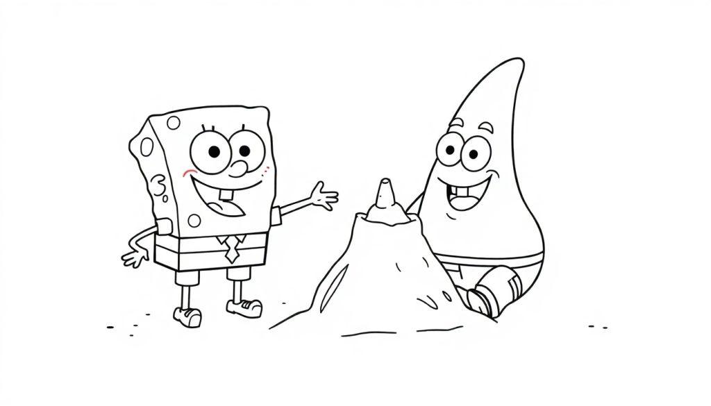 Spongebob en Patrick bij een zandkasteel kleurplaat